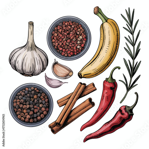 Fresh set of spices and herbs, vegetables like onion, garlic, and red chili for healthy cooking