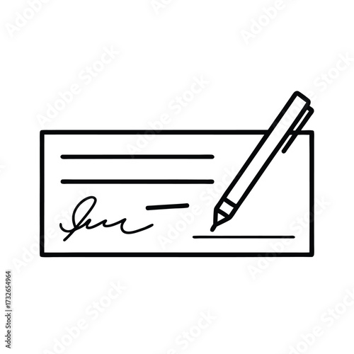 A bank check icon with a signature and pen in a simple design vector illustration