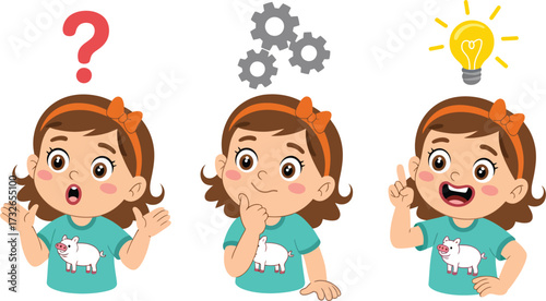 Three cartoon girls thinking and having ideas with question mark gears and lightbulb