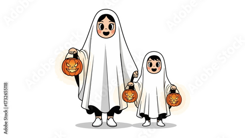 Spooky Duo: Two costumed figures in Halloween costumes, each holding a glowing Jack O'Lantern, radiating eerie enchantment.