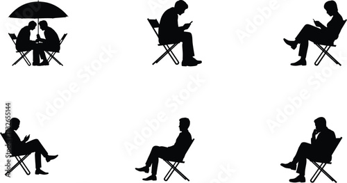 Seated people silhouettes, human posture illustration, sitting positions collection, black and white design, body language concept, ergonomic study, communication gesture, lifestyle icons