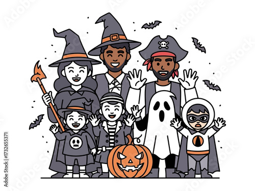 Happy Halloween Gathering: A lively group of diverse individuals dressed in Halloween costumes. Gathered together in a festive spirit, against a playful and imaginative backdrop.