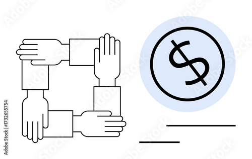 Four interlocked hands forming a square beside a dollar sign in a circle. Ideal for teamwork, collaboration, unity, financial support, partnership, business funding, shared success. A simple flat