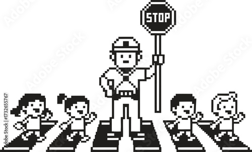 Crossing guard helps children safely cross the street at a crosswalk