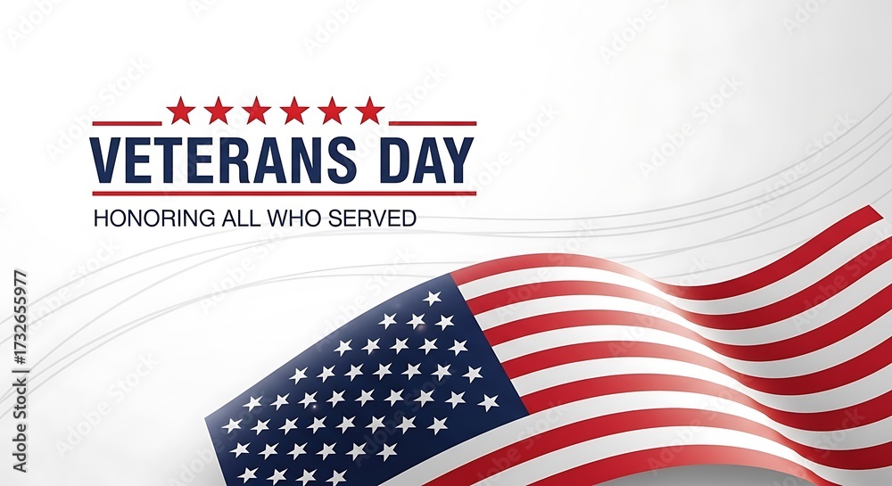Obraz premium Veterans day text with honoring all who served and a waving american flag, isolated on white background veterans day background