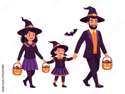 Halloween Family Trick-or-Treating: A delightful illustration capturing a family dressed in Halloween costumes, eagerly trick-or-treating together with joy.