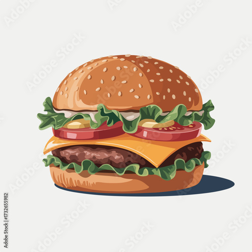 Tasty beef cheeseburger sandwich with lettuce, tomato, and onion on a sesame bun, isolated on a white background