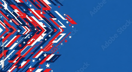 Abstract geometric pattern in red, white, and blue with stars, creating a dynamic and modern design with sharp lines and directional shapes on a blue background veterans day background