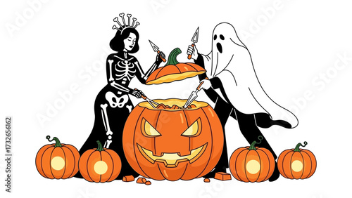 Halloween Pumpkin Carving Scene: An artistic illustration of a spooky Halloween gathering, featuring two carved figures focused on creating an elaborate pumpkin.