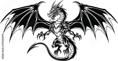 Fierce tribal dragon illustration, black and white symmetrical design, outstretched wings, sharp claws, mythical creature vector, fantasy tattoo-style artwork