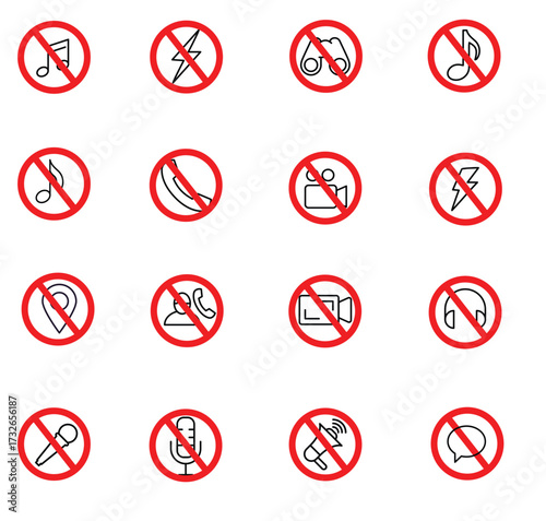 Office Prohibition Signs No Music, No Phone, Noise Ban and Restricted Activity Symbols, Workplace Safety & Discipline Signs – No Audio, No Cell Phone, Quiet Zone and Prohibited Action Icons,