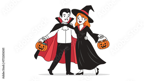 Halloween Couple's Festive Walk: A cheerful couple, dressed as a vampire and a witch, strolls hand-in-hand, playfully embracing the enchanting Halloween spirit.