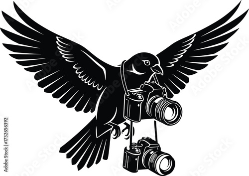 Flying bird with cameras illustration, black and white tech-nature fusion art, DSLR photography concept, creative wildlife design, symbolic aerial capture drawing