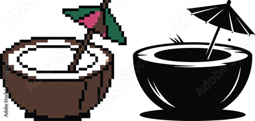 Pixel art coconut drink with umbrella and silhouette