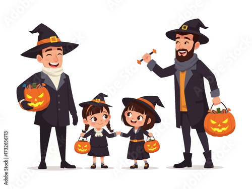 Halloween Family Fun: Capturing the spirit of Halloween, a close-knit family dressed in whimsical costumes prepares to embark on a trick-or-treating adventure, embodying joy and togetherness.