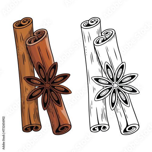 A closeup of aromatic cinnamon sticks and star anise on a wooden surface, perfect for Christmas spice and coffee flavoring