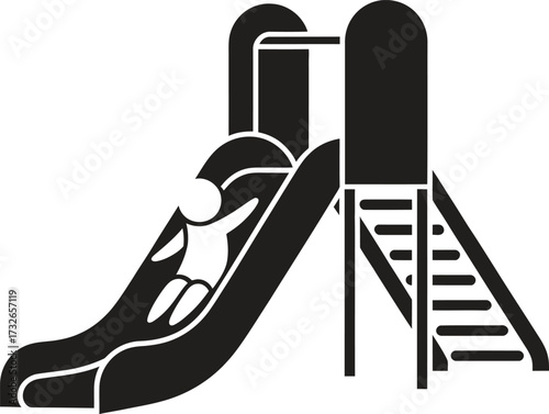 Child sliding down a playground slide in a black and white illustration