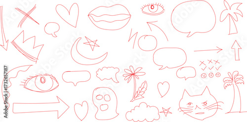 Whimsical red doodle art featuring hearts, speech bubbles, a cat, and palm trees brings a playful and creative touch to any project or design concept