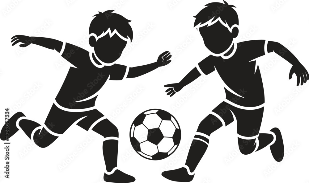 Obraz premium Two young boys playing soccer silhouette with a ball