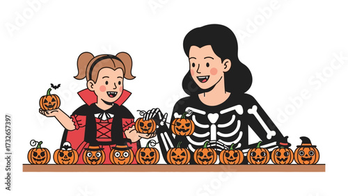 Spooky Gathering: A playful gathering with a mother and child dressed in Halloween costumes, engaging in creative pumpkin carving, preparing for festive moments of a harvest celebration. 