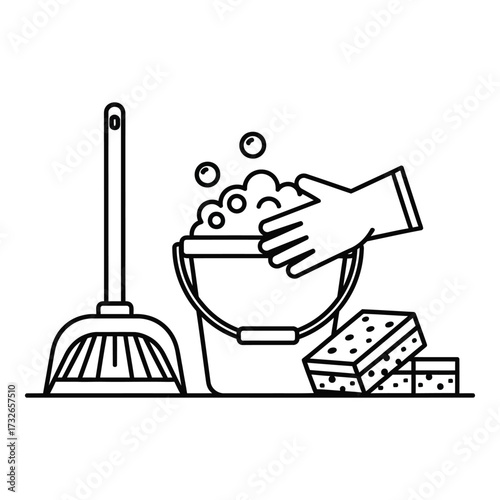 Vector art of cleaning tools including broom, bucket, and sponge