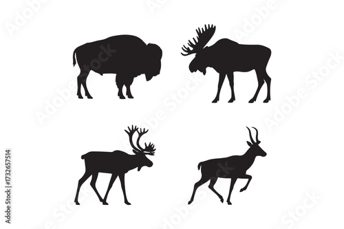 Silhouettes of north american wildlife bison moose deer and antelope