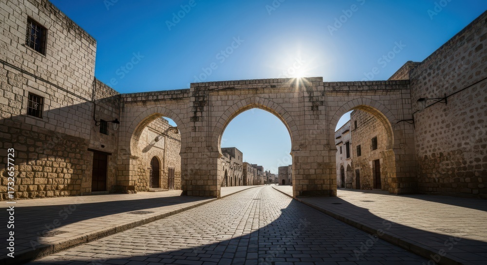 Fototapeta premium Ancient Stone Archway Leading to Historic Old Town Street