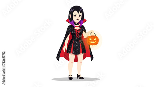 Spooky Eve: A captivating illustration of a vampire girl ready for Halloween, holding a glowing pumpkin lantern. The illustration captures the essence of All Hallows' Eve.