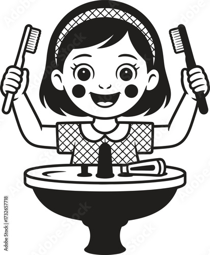 Happy young girl brushing teeth with two toothbrushes at a sink