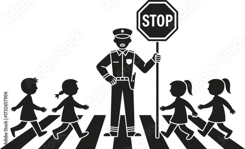 Police officer helps children cross the street safely at a crosswalk