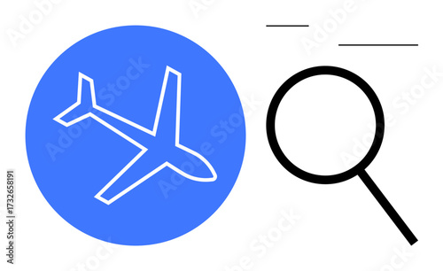 Airplane silhouette in blue circle next to magnifying glass highlights themes of travel, search, and discovery. Ideal for research, tourism, travel planning, analytics, exploration, innovation