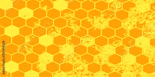 Yellow geometric honeycomb seamless pattern with beehive hexagon cells and sweet honey texture. modern stylist 3d honeycomb geometric yellow texture background. Orange, yellow seamless grunge texture
