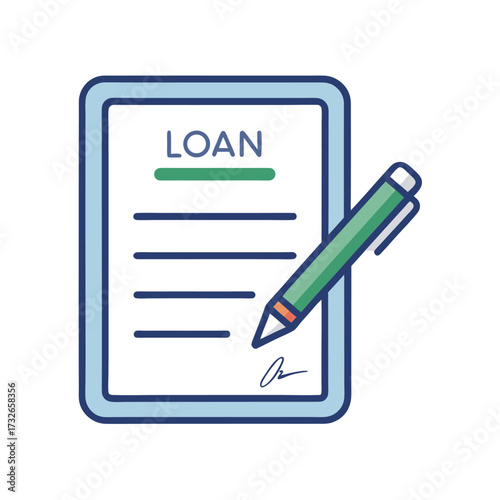 A loan agreement icon with a signature and pen in a minimal style vector illustration
