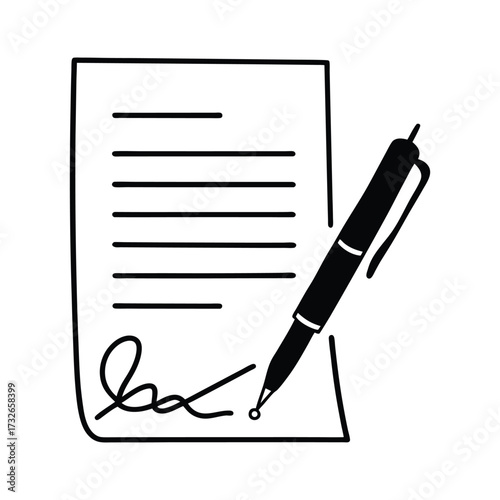 A simple illustration of a loan agreement icon with a signature and pen vector illustration