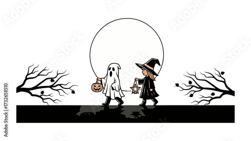 Spooky Halloween Stroll: In a captivating illustration, a child dressed as a playful ghost and a girl donned a witch costume, hand in hand, on a enchanting trick-or-treat adventure.