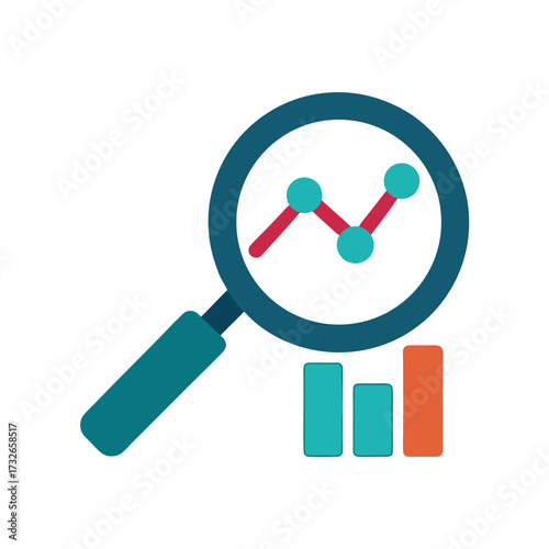 A simple illustration of a market research icon with a magnifier over a graph vector illustration