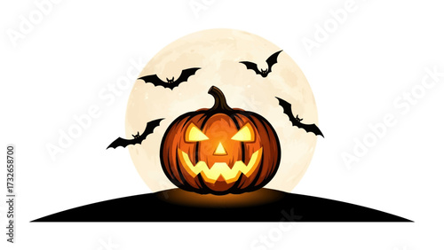 Glowing Jack-O'-Lantern under the Moon: A spooky jack-o'-lantern smiles menacingly against a full moon backdrop. Silhouettes of bats flutter across the scene.