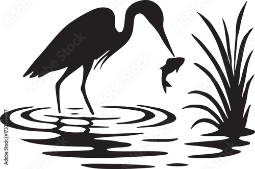 Nature landscape with birds silhouettes. Heron caught a fish on the lake. Vector illustration.