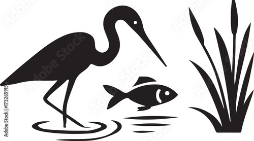 Nature landscape with birds silhouettes. Heron caught a fish on the lake. Vector illustration.