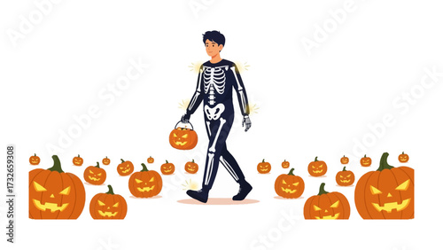 Halloween Costume Fun: A young individual dressed in a skeleton costume joyfully strolls through a vibrant pumpkin patch, perfectly embodying the spirit of Halloween and trick-or-treating!