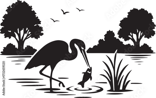 Nature landscape with birds silhouettes. Heron caught a fish on the lake. Vector illustration.