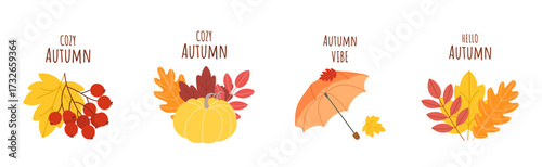 Cozy autumn vector set with berries, pumpkins, umbrellas, and vibrant leaves isolated on white background. Perfect for festive greeting cards, seasonal posters, and autumn-themed decoration