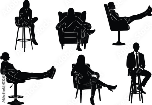Seated silhouette collection, various chair styles, relaxed and formal poses, ergonomic posture, business attire, black icons, isolated white background, design reference