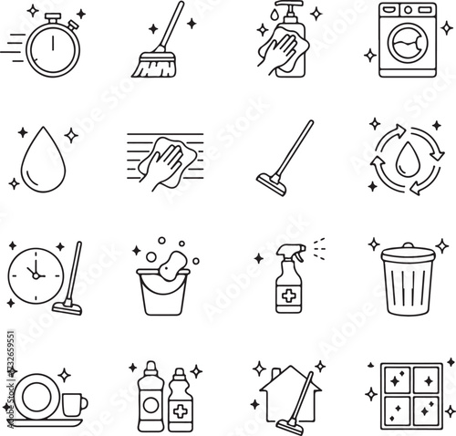 Set of Cleaning And Maintenance icon. Wash icon set. Editable vector. Featuring household, cleaner, wash, hygiene, cleaning, disinfect, washin
