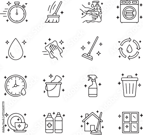 
Professional cleaning and hygiene icon set featuring essential tools and symbols for housekeeping, janitorial services,
