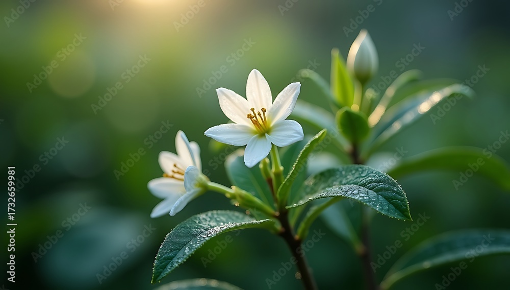 Obraz premium Close up of white flower with foliage and water droplets on moody morning branch