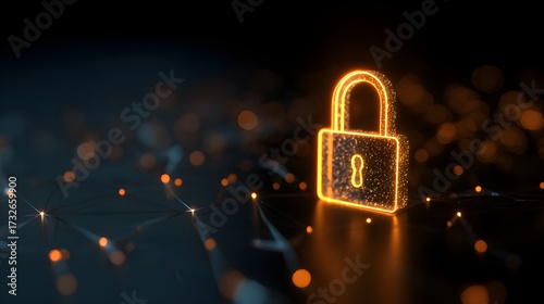 Glowing orange digital lock icon symbolizing cybersecurity data protection privacy and secure access in a modern abstract technology concept