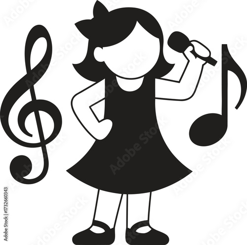 Little girl singing into a microphone with musical notes and treble clef