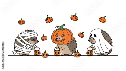 Halloween Delight: Whimsical hedgehogs in enchanting costumes, collecting candy under a cascade of pumpkins, embracing the spooky charm of Halloween.