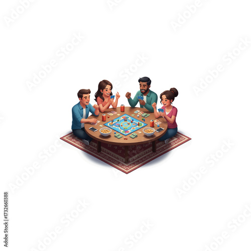 3D vector illustration, group of friends playing board games together, social fun lifestyle, ultra sharp detail